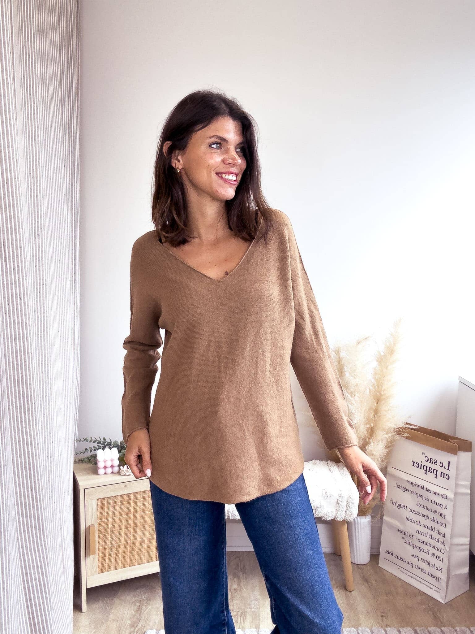 Julia camel - Pull col V rose-mood 