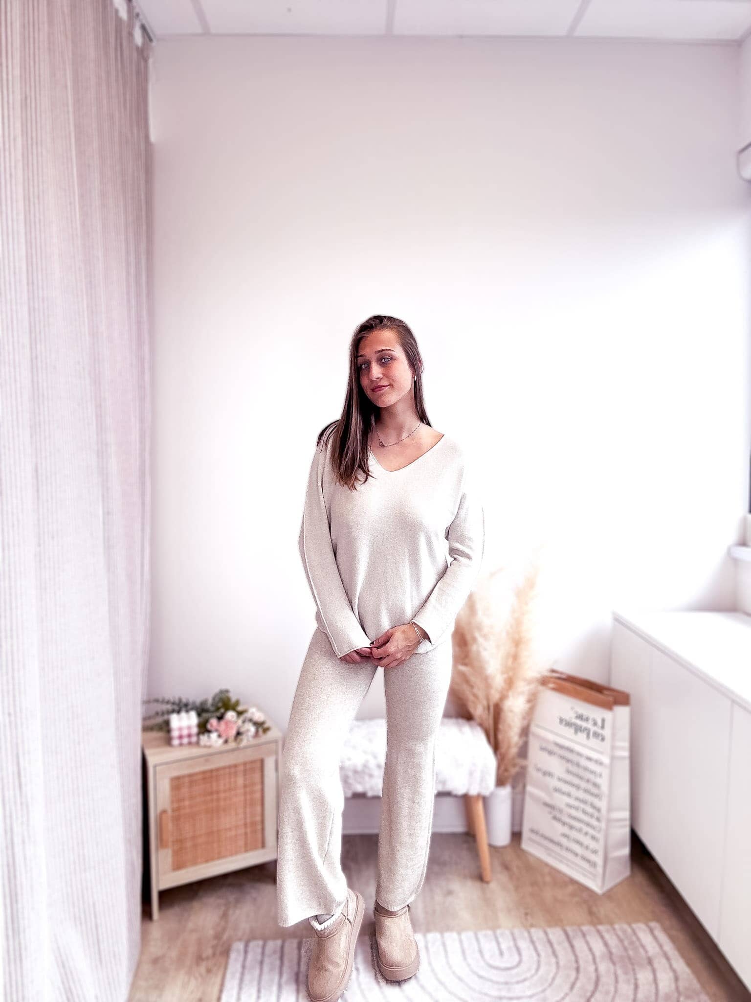 Julia beige - Pull col V rose-mood 