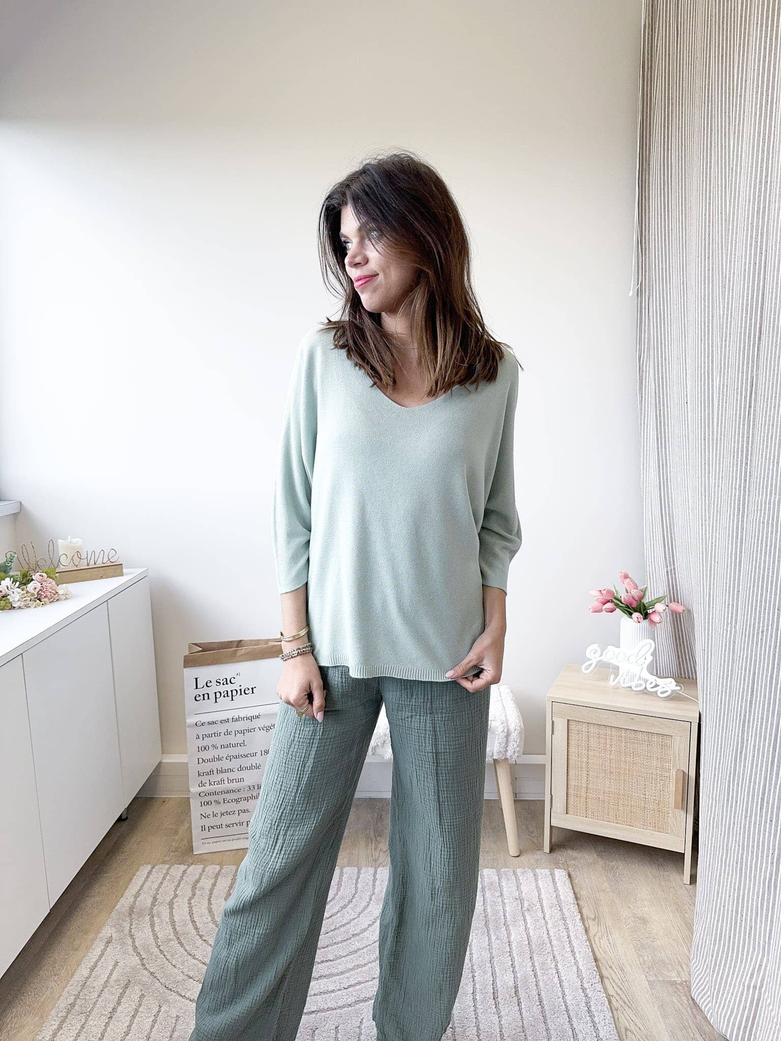 Valeria vert amande - Pull fin rose-mood 