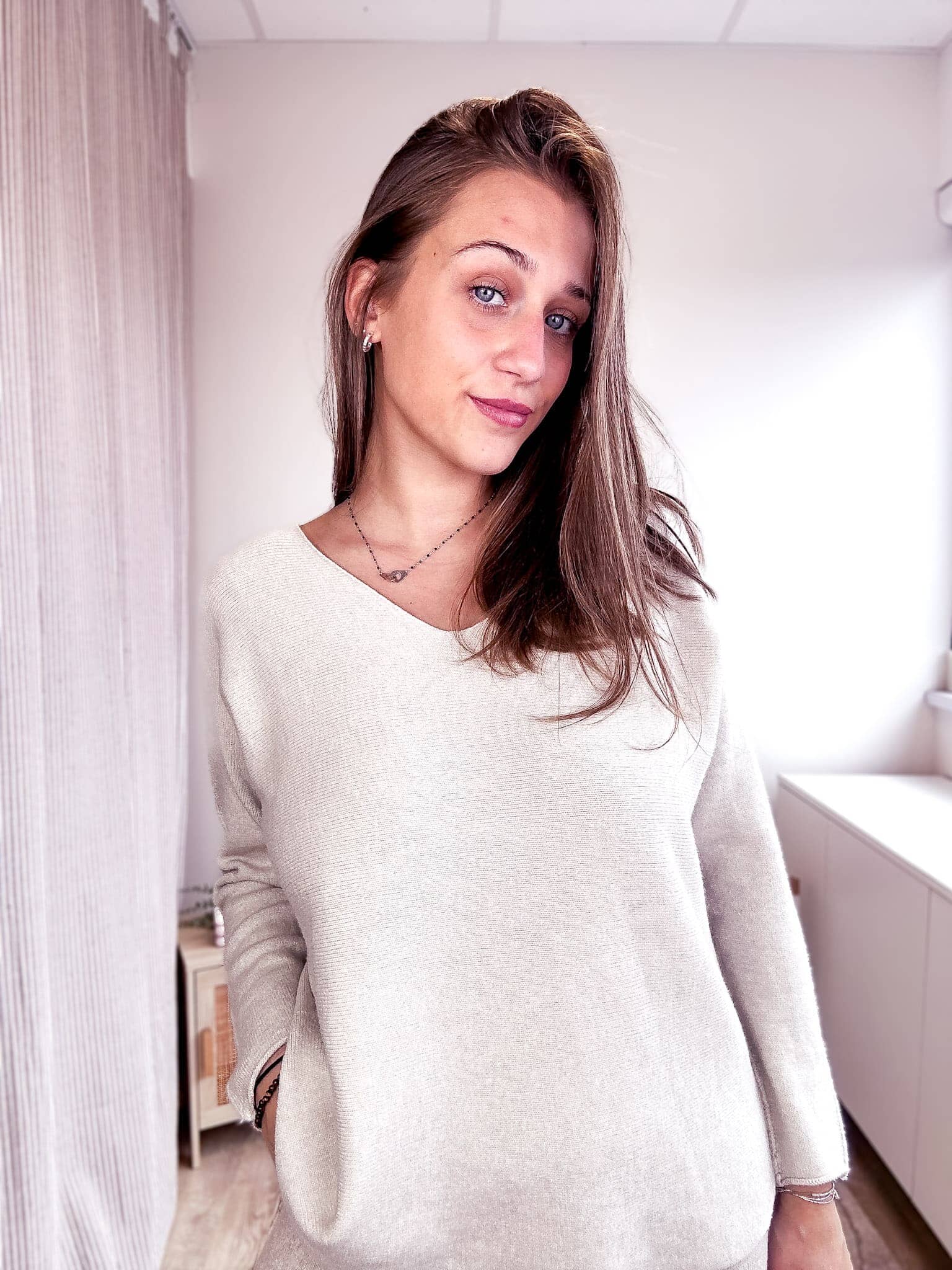 Julia beige - Pull col V rose-mood 