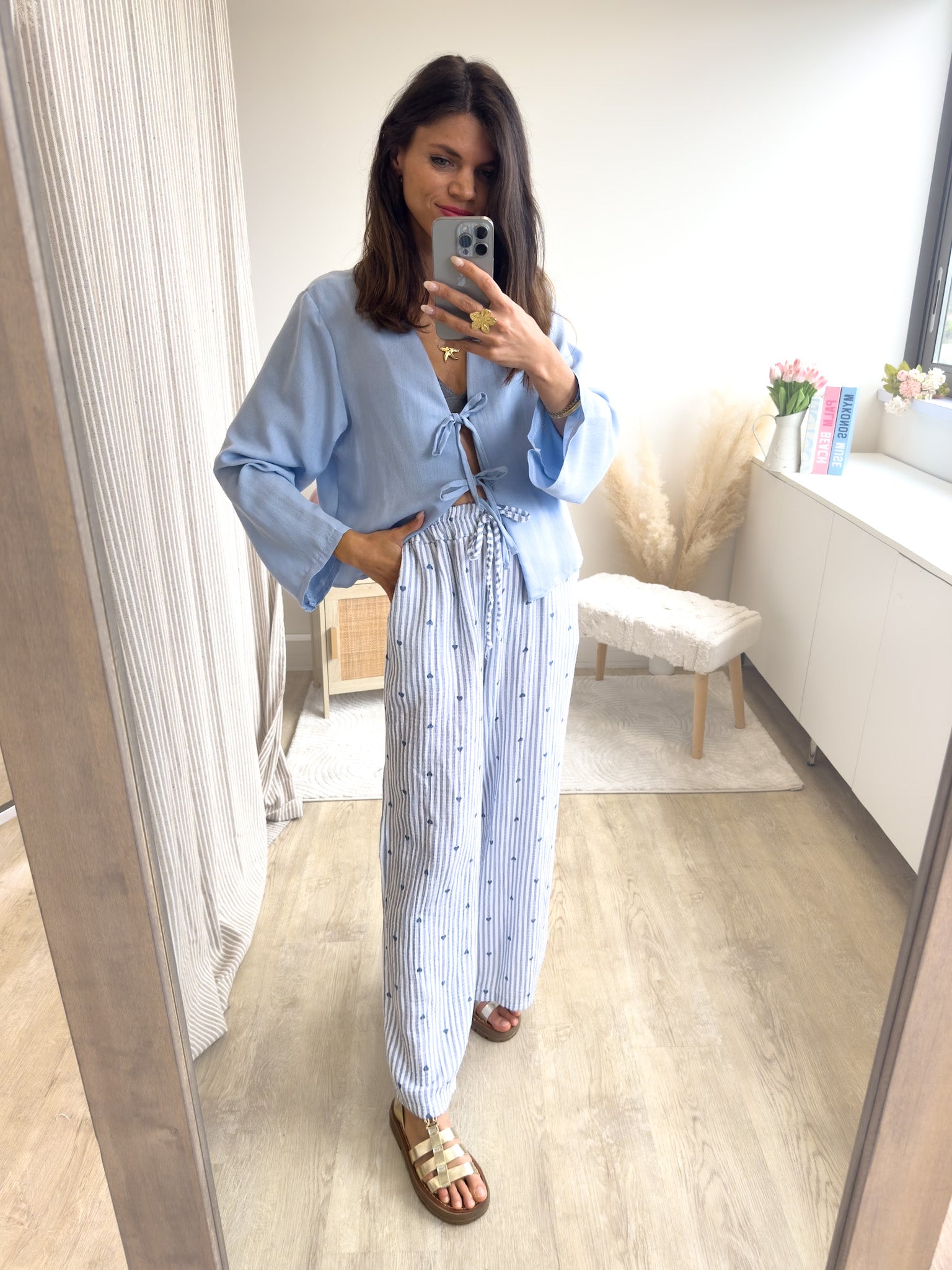 Bianca Bleu 1716 - Pantalon gaze de coton coeur